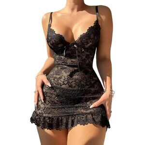 Women's Sexy Mini Bow Ruffle Lace Floral Sheer Lingerie Dress with Thong 2 Piece